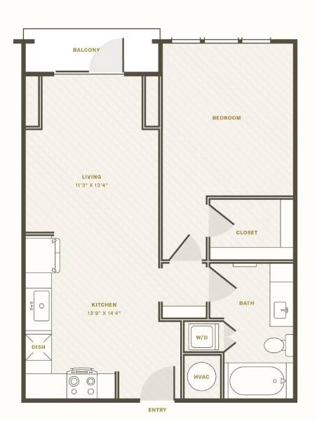Floor plan for 1 bed, 1 bath, 701 sqft